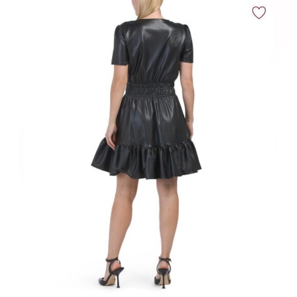 GREY COLLECTIVE Faux Leather Mini Dress Black Fit and Flare Ruffle Smocked M NWT - Picture 3 of 13